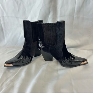 Cape Robbin Women’s Black and Gold Ankle Heeled Boots, Suede/Faux Leather